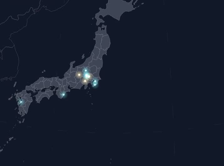 日本地図の上に、出場した大会の場所が点で示されている様子